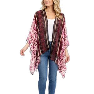 LAVISH Boho Open Kimono L Pink Tribal Print Sheer Duster Cardigan